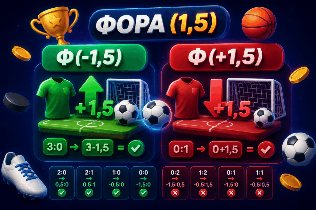 Фора (1,5) – что означает Ф(-1,5) и Ф(+1,5) и подробные примеры расчета